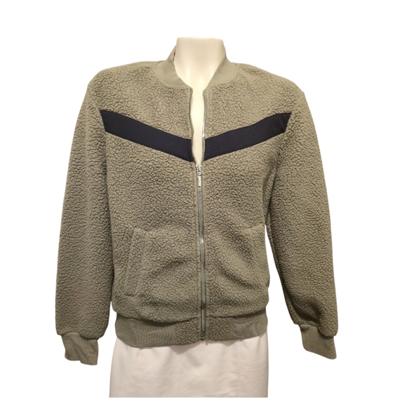 ZYIA ACTIVE Flying V Teddy Bear Fleece Zip Jacket Olive Green And Black X Small - Picture 2 of 12